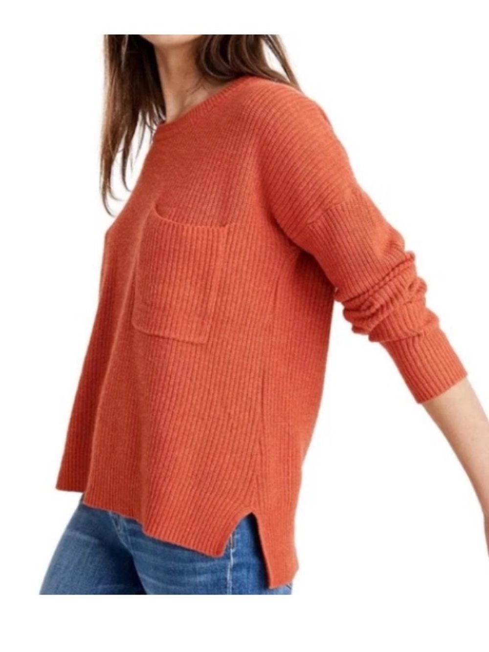 Madewell Thompson Pocket Pullover Sweater rust-red coral knit cotton blend L